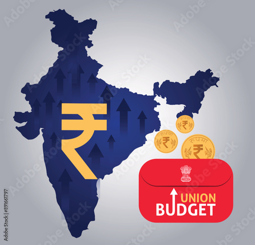 union budget vector illustration with Indian map, rupee icon & budget briefcase
