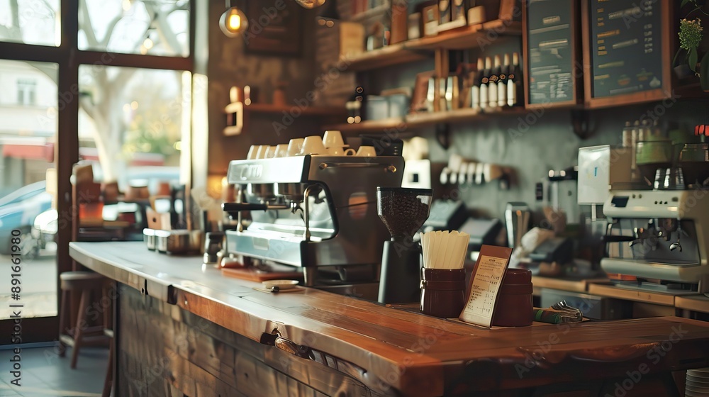 Coffee shop background. Cup of coffee latte on wood bar. Takeaway coffee. High quality AI generated image Coffee shop background. Cup of coffee latte on wood bar. Takeaway coffee. High quality AI generated image