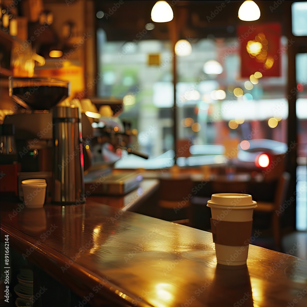 Coffee shop background. Cup of coffee latte on wood bar. Takeaway coffee. High quality AI generated image
