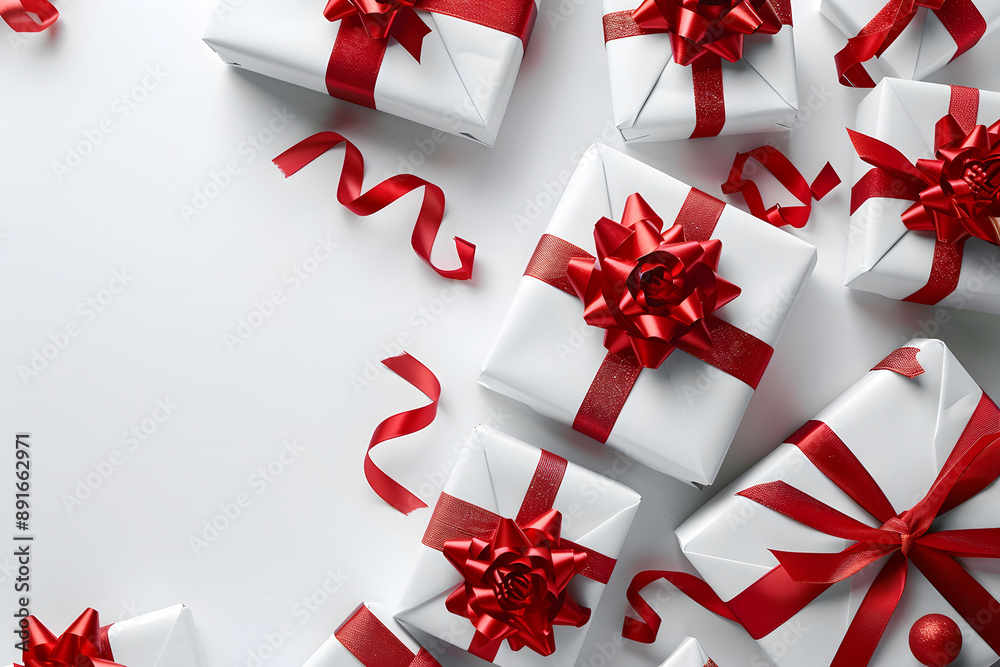 Elegant white gift box with red ribbon Elegant white gift box with red ribbon