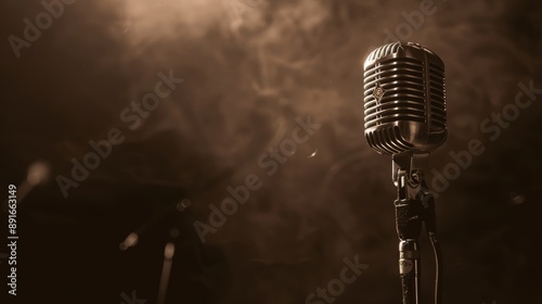 Vintage Microphone on Stage with Smoky Background, Retro Music Equipment, Classic Performance, Nostalgic Atmosphere, Monochrome Photography, Concert, Live Music, Artistic Expression, Audio Gear