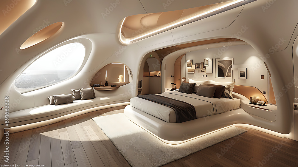 Crisp, clear image of a virtual reality bedroom designed with hyper-graphic elements, featuring white furniture, geometric accents, and warm, soothing light, creating a futuristic yet inviting Crisp, clear image of a virtual reality bedroom designed with hyper-graphic elements, featuring white furniture, geometric accents, and warm, soothing light, creating a futuristic yet inviting