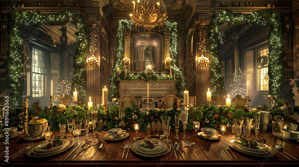 Obraz premium Elegant Holiday Banquet: Festive Dining Room Set for Christmas Dinner