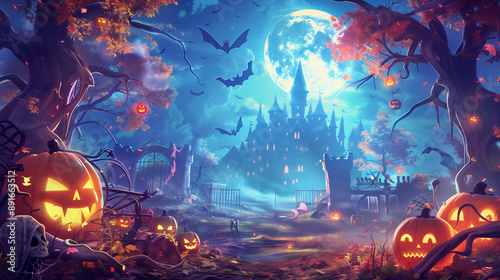 Spooky Castle with Glowing Jack-o'-Lanterns and Bats in a Foggy Forest