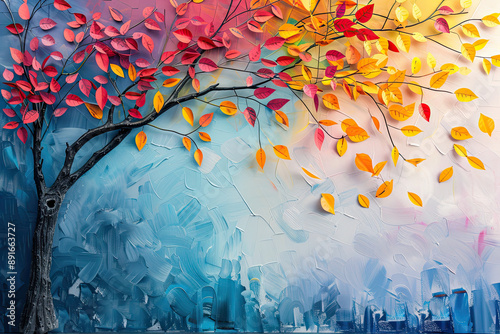 Fototapeta Naklejka Na Ścianę i Meble -  Elegant colorful tree with vibrant leaves hanging branches illustration background. Bright color 3d abstraction wallpaper for interior mural painting wall art decor. Ai	