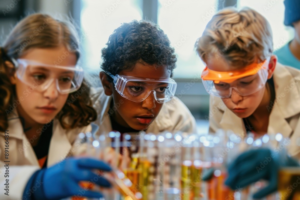 A group of students working together on a science project, with lab coats and safety goggles on, experimenting with test tubes. A group of students working together on a science project, with lab coats and safety goggles on, experimenting with test tubes.
