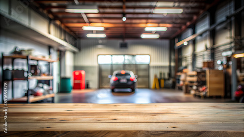 Look out from the table, blur image of inside garage as background. Car service centre blurred background