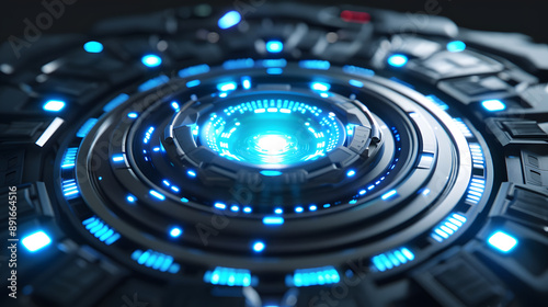 3D Rendering of an Elaborate Ceremonial Shield with Glowing Blue Accents”