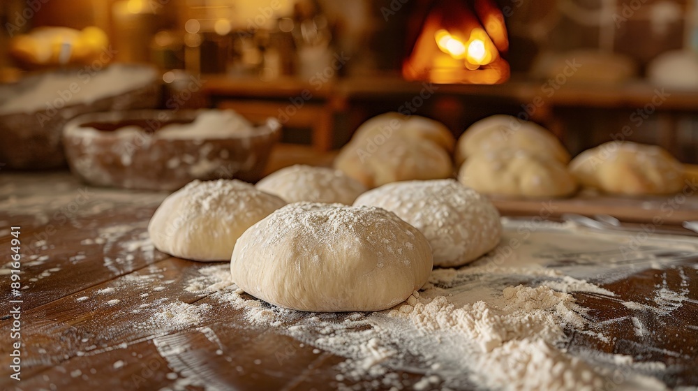 Baking homemade bread in a rustic kitchen, flour-dusted surfaces, and fresh dough