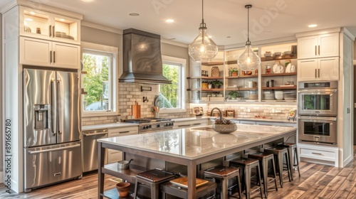 A stylish transitional kitchen with a large island