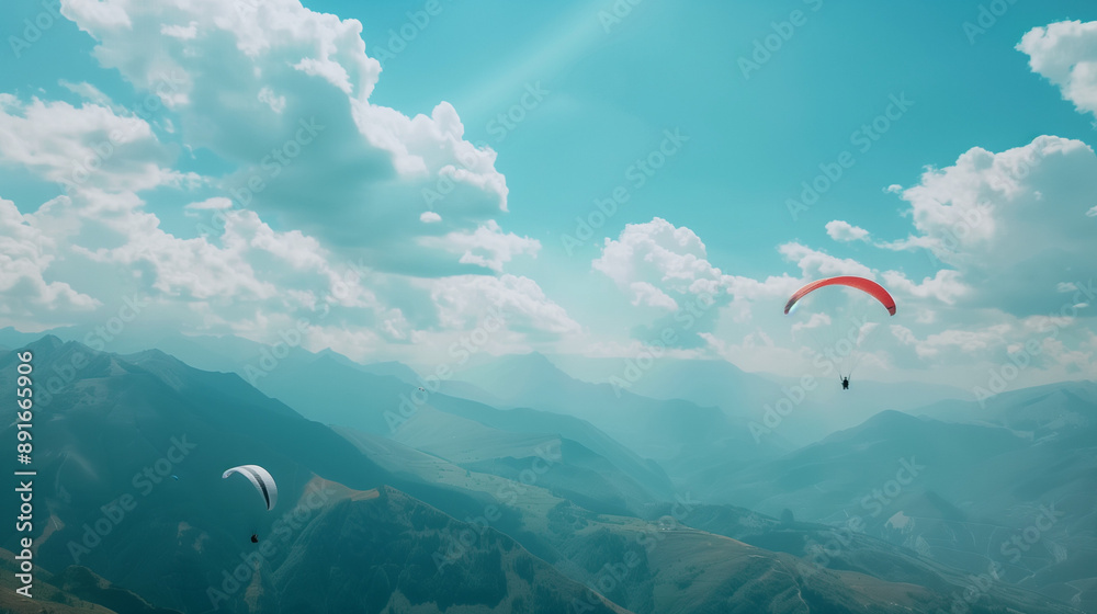 Aerial view of paragliders flying high above majestic mountain ranges Aerial view of paragliders flying high above majestic mountain ranges