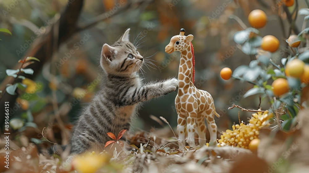 Obraz premium A cute kitten engaging with a giraffe stuffed animal.