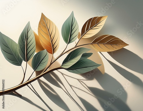 A leafy branch casts a shadow on a white background