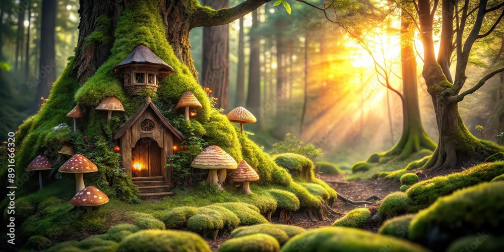Naklejka premium Enchanted fairy house hidden in a moss-covered tree, surrounded by magical mushrooms and mystical forest scenery, fairy, house