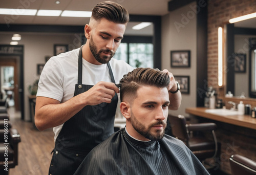  Male influencer gets a haircut at a barbershop.  © jarntag