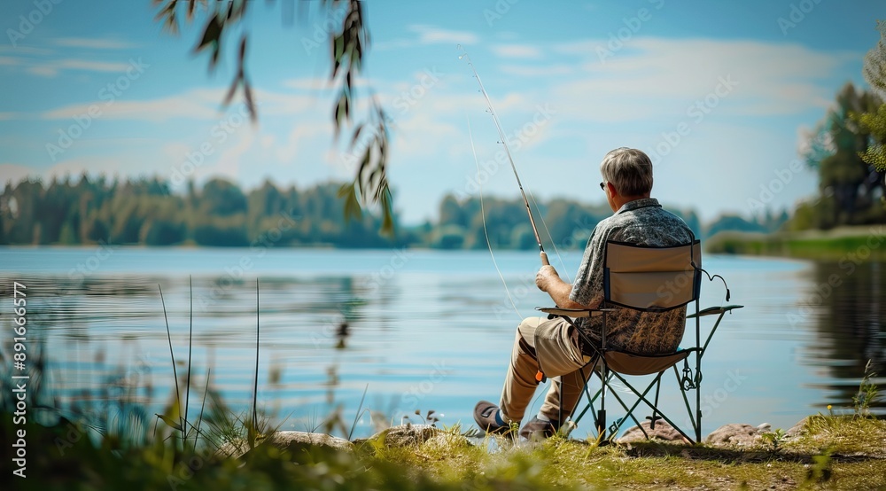 Fisherman sits on the chair with fishing rods for fishing on the lake. High quality AI generated image Fisherman sits on the chair with fishing rods for fishing on the lake. High quality AI generated image