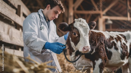 The veterinarian with young cow