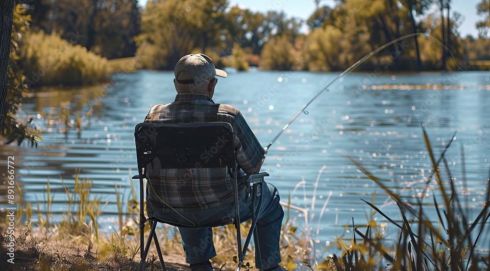 Obraz premium Fisherman sits on the chair with fishing rods for fishing on the lake. High quality AI generated image