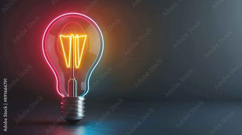 Neon wireframe light bulb with a glowing filament, idea generation Neon wireframe light bulb with a glowing filament, idea generation