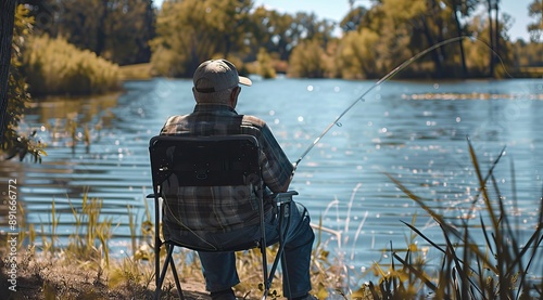 Fisherman sits on the chair with fishing rods for fishing on the lake. High quality AI generated image