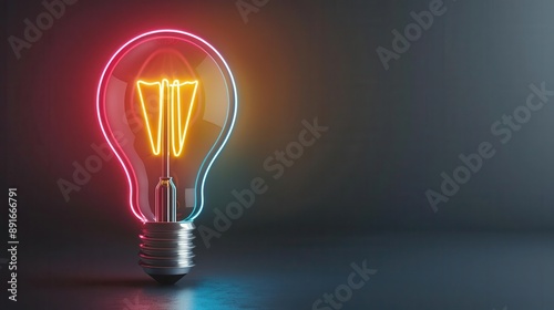 Neon wireframe light bulb with a glowing filament, idea generation