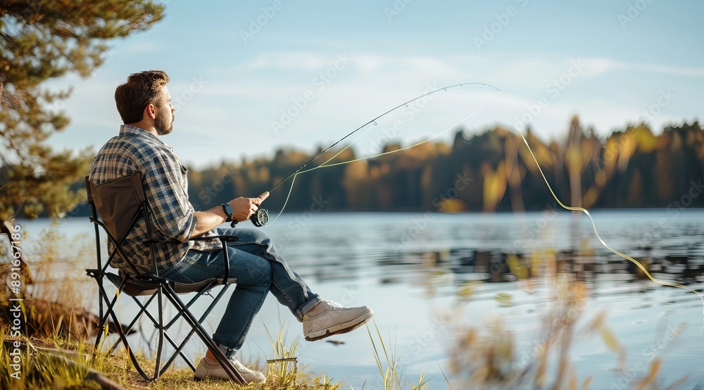 Fisherman sits on the chair with fishing rods for fishing on the lake. High quality AI generated image Fisherman sits on the chair with fishing rods for fishing on the lake. High quality AI generated image