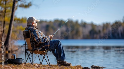 Fisherman sits on the chair with fishing rods for fishing on the lake. High quality AI generated image