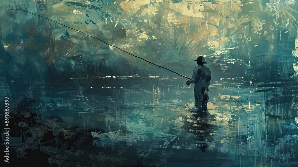 Fishing theme background. Man Fishing in the Misty Lake. Oil painting style. High quality AI generated image Fishing theme background. Man Fishing in the Misty Lake. Oil painting style. High quality AI generated image