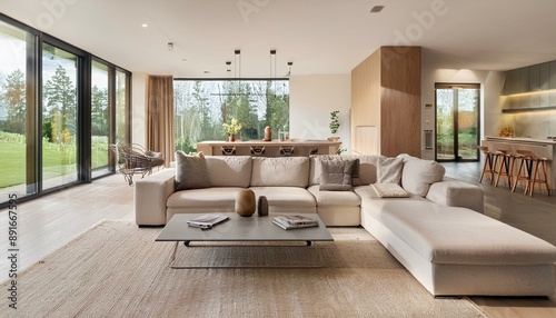 Modern living room with an open floor plan, featuring spacious area with large sectional sofa in neutral color