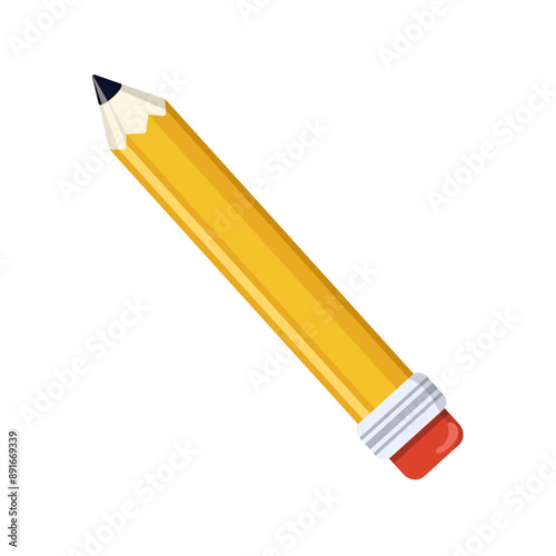 Yellow Graphite pencil with eraser. Back to school, Educational design element isolated on white. Flat Vector Illustration.