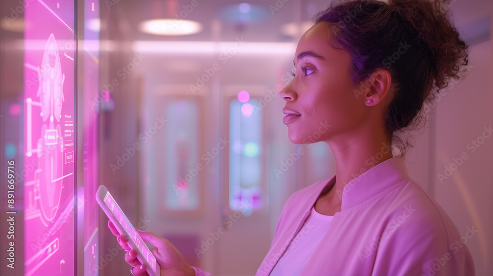 woman researcher, medical scientist for breast cancer with pink lighting and AI technology