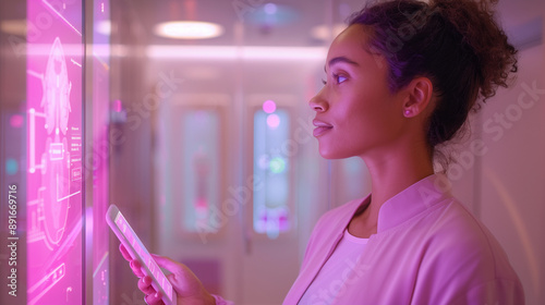 Obraz na płótnie woman researcher, medical scientist for breast cancer with pink lighting and AI technology w salonie