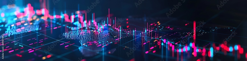 Mesmerizing stock market trends and a captivating holographic world map, captured in a minimalist digital aesthetic. Mesmerizing stock market trends and a captivating holographic world map, captured in a minimalist digital aesthetic.