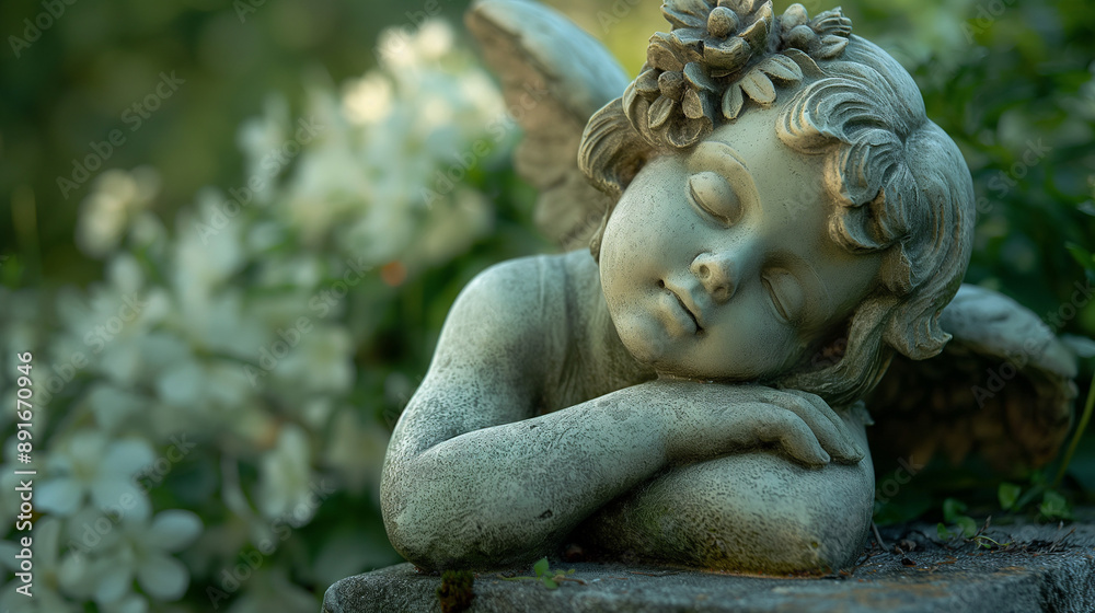 statue of an angelic figure, possibly a cherub, resting its head on its hand. The statue is adorned with intricate details, including wings, a delicate face, and a flower tucked behind its ear statue of an angelic figure, possibly a cherub, resting its head on its hand. The statue is adorned with intricate details, including wings, a delicate face, and a flower tucked behind its ear