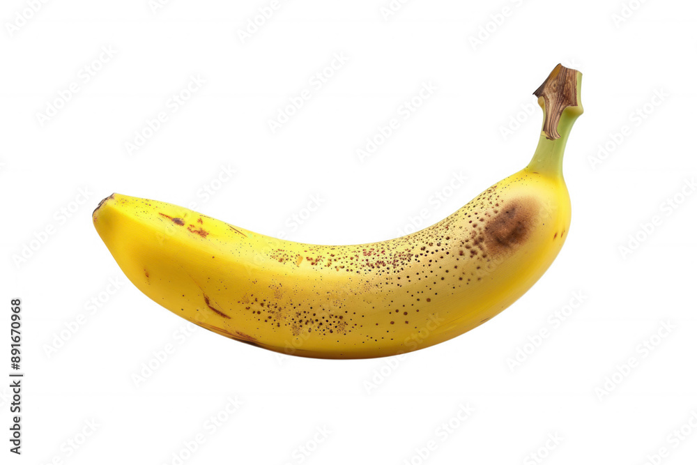 A ripe banana with black spots, isolated on a white transparent background A ripe banana with black spots, isolated on a white transparent background