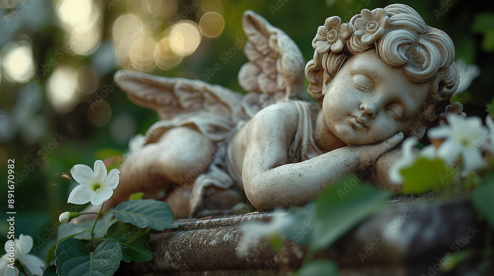 statue of an angelic figure, possibly a cherub, resting its head on its hand. The statue is adorned with intricate details, including wings, a delicate face, and a flower tucked behind its ear statue of an angelic figure, possibly a cherub, resting its head on its hand. The statue is adorned with intricate details, including wings, a delicate face, and a flower tucked behind its ear