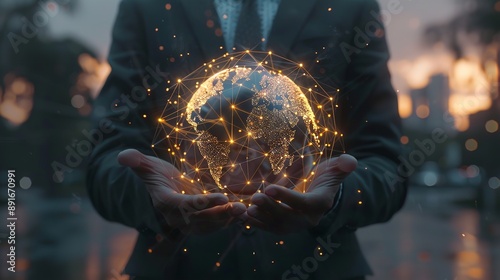 Businessman hold global business globe with network connected to digital marketing strategy and creative solution. Business development technology to support creativity idea photo