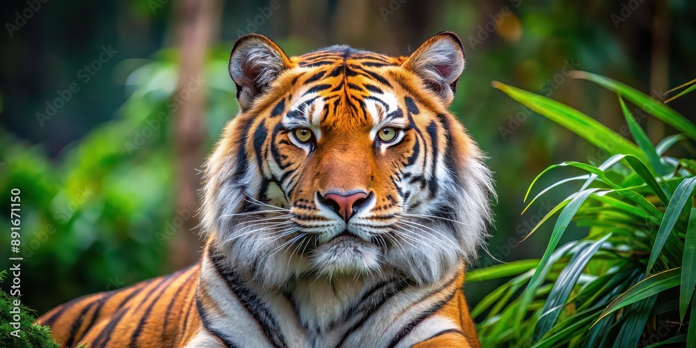Obraz premium Close-up photo of a majestic tiger in its natural habitat, wildlife, big cat, predator, nature, jungle