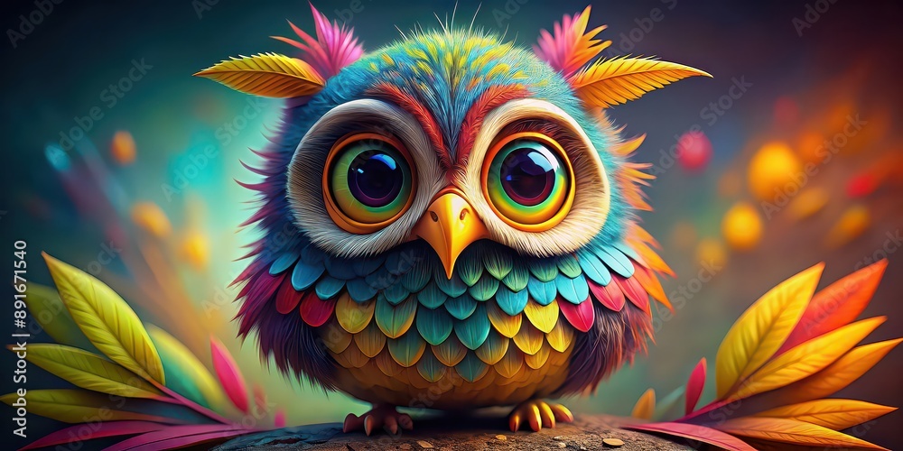Whimsical bird with oversized eyes and vibrant feathers , bird, whimsy, oversized, eyes, vibrant, feathers, colorful, cute