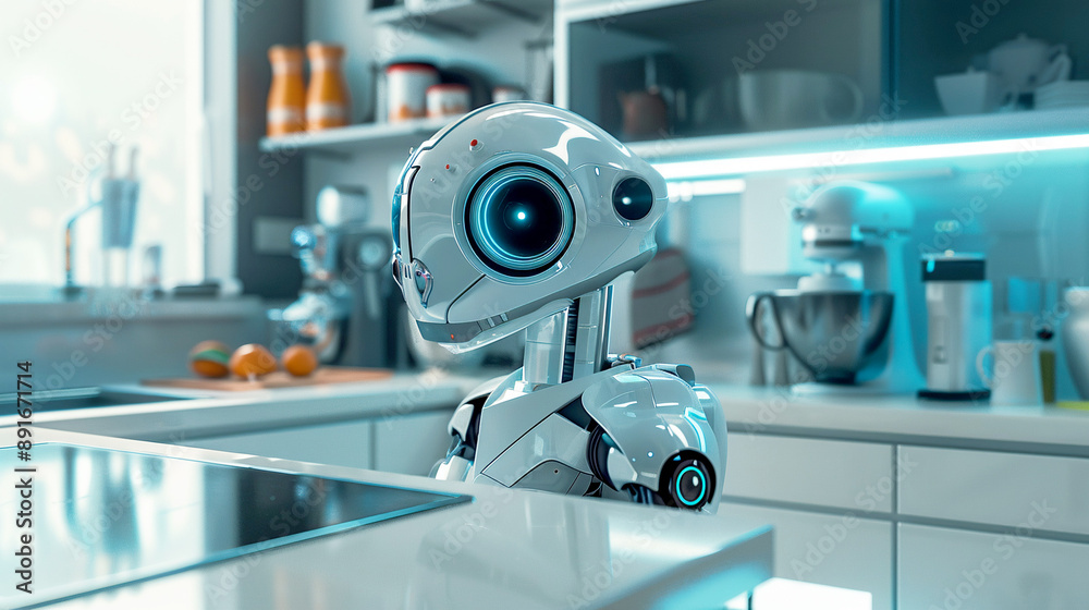 A robot making a meal in a restaurant kitchen's interior with a clean, white, A robot making a meal in a restaurant kitchen's interior with a clean, white,