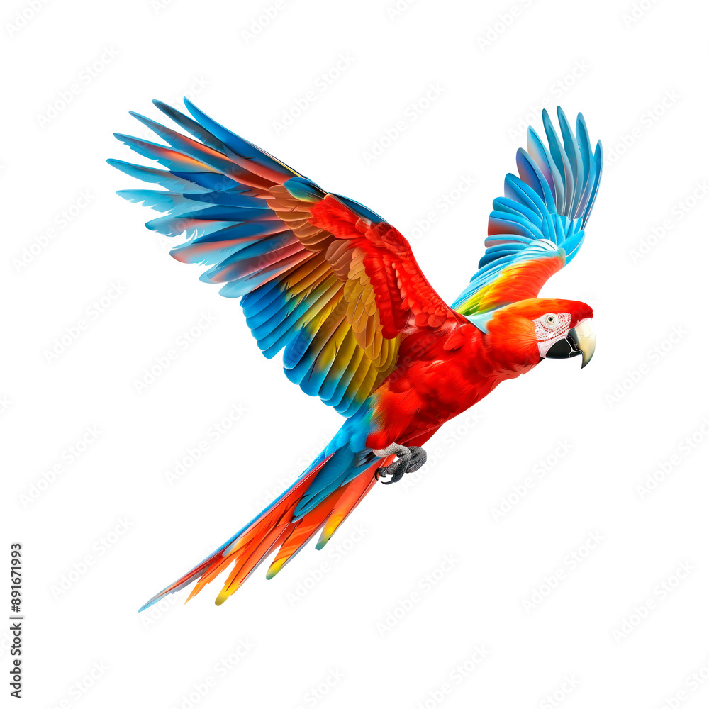 Fototapeta premium Bright red, yellow and blue parrot in flight. Isolated on transparent background.