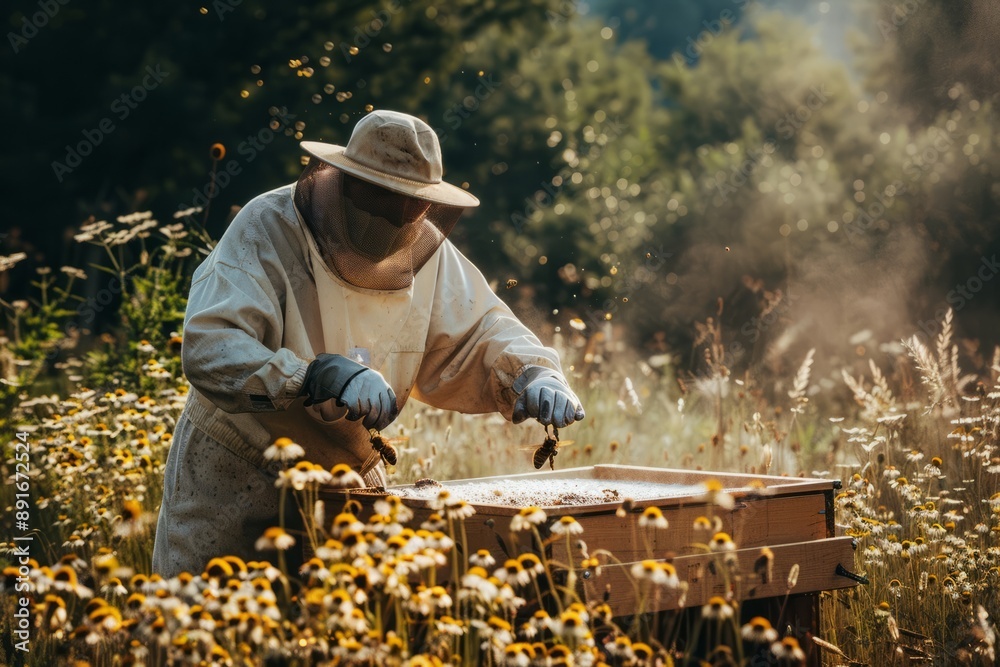 A beekeeper collects honey from evidence. Beekeeping development concept.
