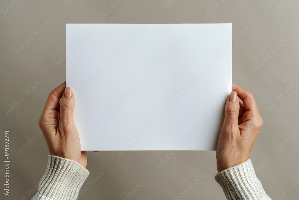 Obraz premium Female hands holding a blank white paper poster flyer on minimalistic background