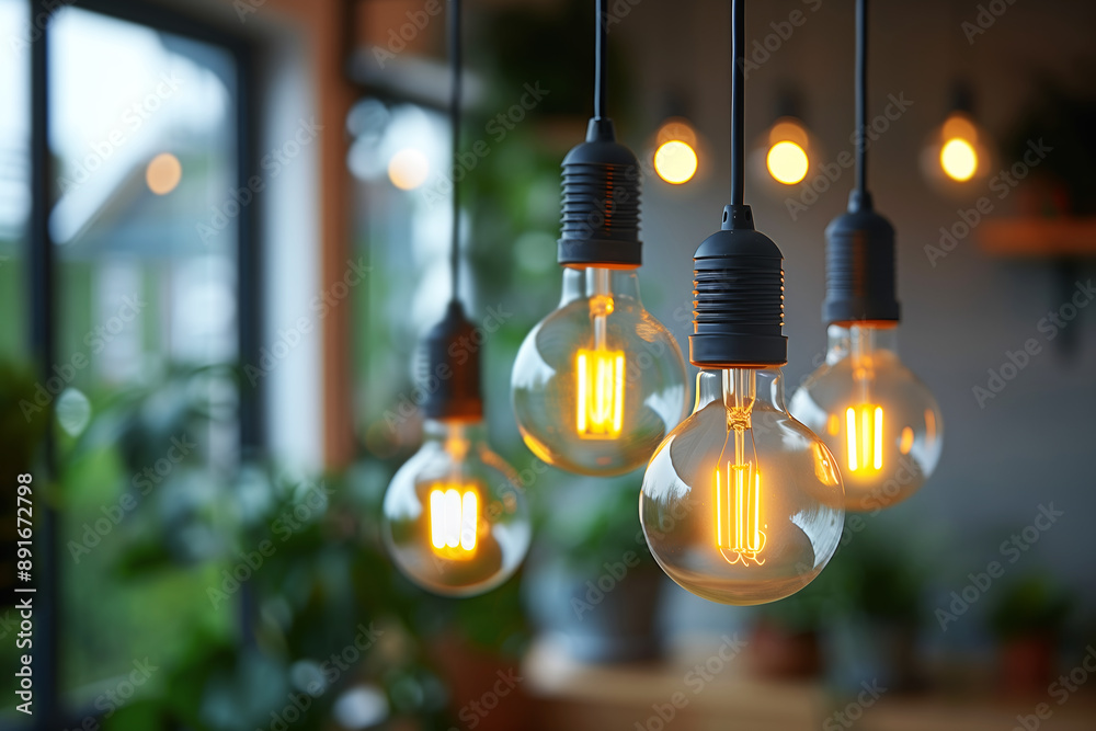 Eco friendly energy saving edison style light bulb glow in interior along with green plants. Concept of environmental lighting, modern interior, alternative green energy technology, with copy space Eco friendly energy saving edison style light bulb glow in interior along with green plants. Concept of environmental lighting, modern interior, alternative green energy technology, with copy space
