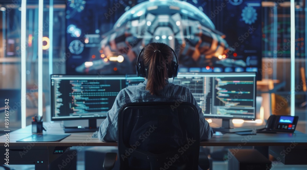 female developer sits in front of her desk with two monitors, wearing headphones and writing code on the screen female developer sits in front of her desk with two monitors, wearing headphones and writing code on the screen
