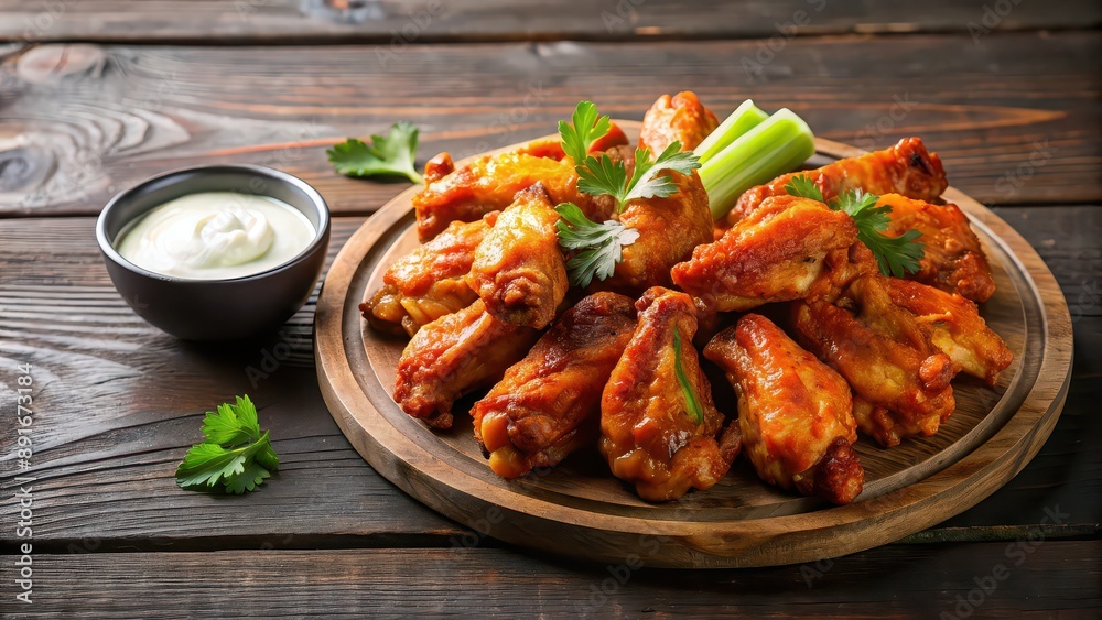 Fototapeta premium Buffalo wings on a background, spicy, chicken, food, appetizer, sauce, hot, delicious, traditional, buffalo sauce, deep fried