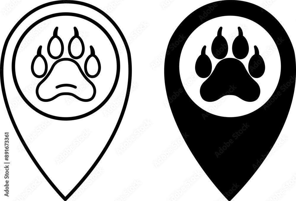 Wildlife icons. Black and White Vector Icons. Location and Paw of a Wild Animal. Danger Warning Sign. Camping and Tourism Concept Wildlife icons. Black and White Vector Icons. Location and Paw of a Wild Animal. Danger Warning Sign. Camping and Tourism Concept