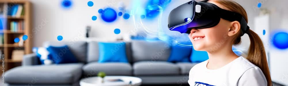 Young happy girl in glasses of virtual reality against home interior. Youngster using VR helmet. Augmented reality, future technology concept. Copy space template web banner background Young happy girl in glasses of virtual reality against home interior. Youngster using VR helmet. Augmented reality, future technology concept. Copy space template web banner background
