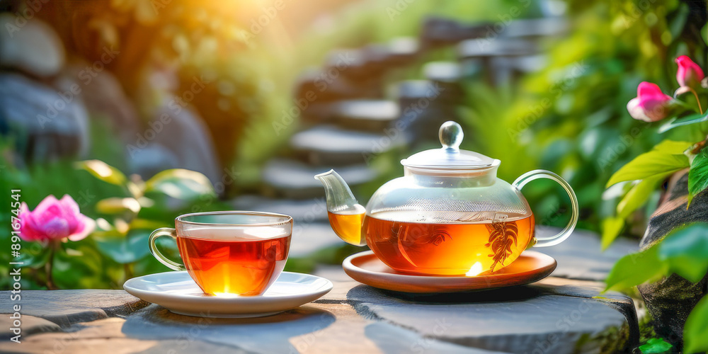 a transparent teapot with herbal tea and a tea cup on the background of a beautiful blurred garden with a stone path a transparent teapot with herbal tea and a tea cup on the background of a beautiful blurred garden with a stone path