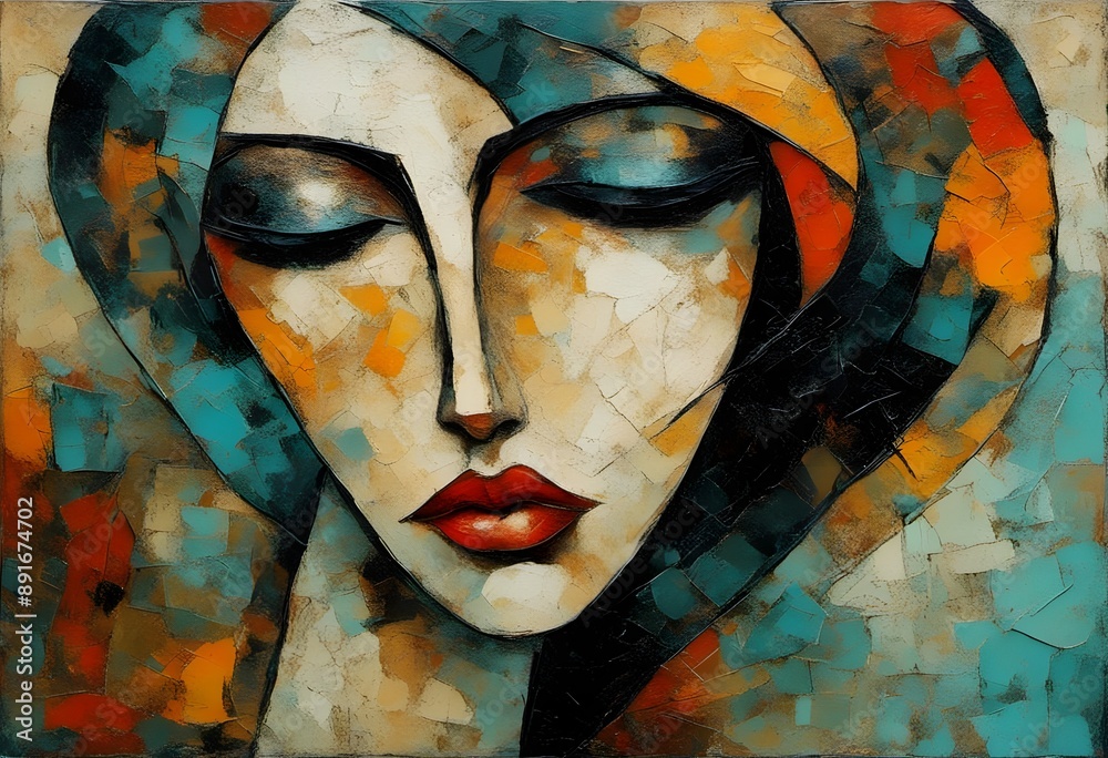 Painted sad woman face, Abstract art, Genarative AI Painted sad woman face, Abstract art, Genarative AI